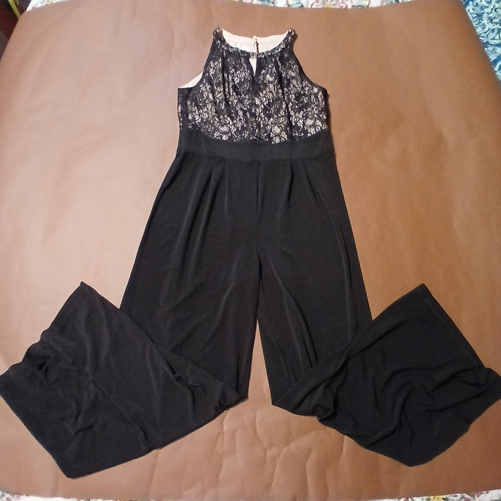 London Times Womens Medium Black Beige Sleeveless Wide Leg Jumpsuit Lace